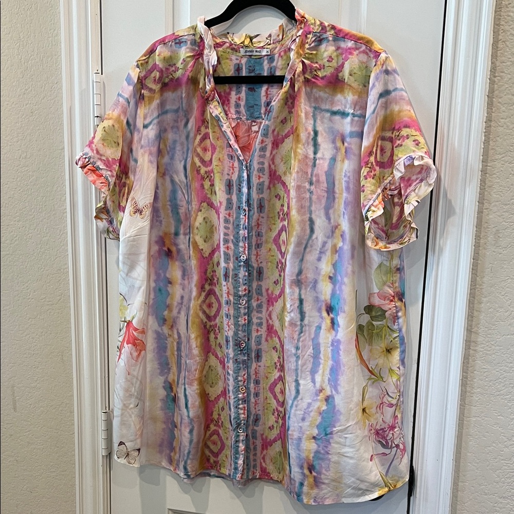 Johnny Was Pink and Blue Striped Blouse
